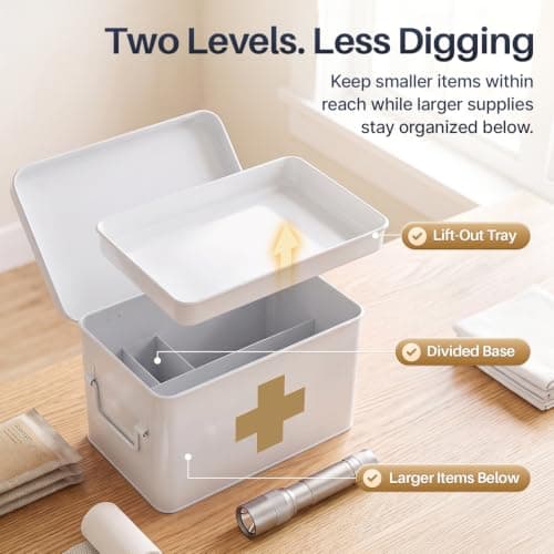 Flexzion Metal First Aid Box Empty, 8.5 Inch White Vintage First Aid Storage Box, First Aid Tin Container with Dividers, Removable Tray, Side Handles and Gold Cross Logo — view 3