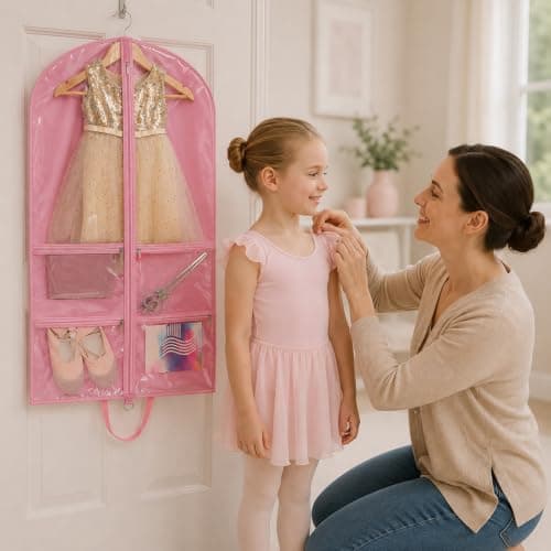 Dance Costume Garment Bag 40 Inch,Pink Hanging Ballet Recital Tutu Dress Cover,Foldable Dance Clothes Carrier for Shoes Tights Leotard Accessories, Girls Women Competition Travel Suit Bag — view 5