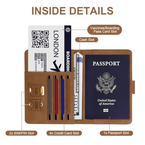 OFFCUP Passport Holder Cover, PU Leather Passport Cover and Luggage Tag Set with RFID Blocking Travel Wallet, Universal Travel Wallet Case Organiser for Money, Boarding Passes, Credit Cards Brown — view 4