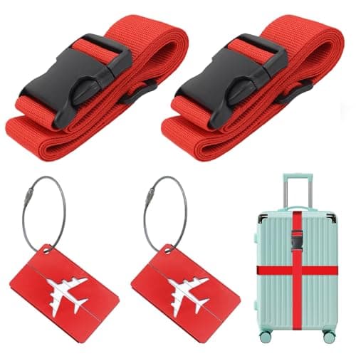 Luggage Strap (2 Pack), with 2 Luggage Tags, Custom Identification, Travel Bag Closure, For Connecting Luggage Together, Red