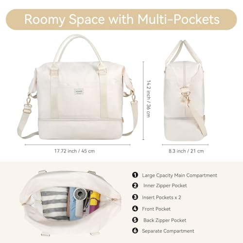 Voova Weekend Overnight Bag for Women, Large Travel Duffle Bag with Shoes Compartment, Carry On Tote Bag with Toiletry 、Cosmetic 、Shoes Bag 4 Pack Set for Ladies Gym, Hospital, Yoga, Beige — view 2