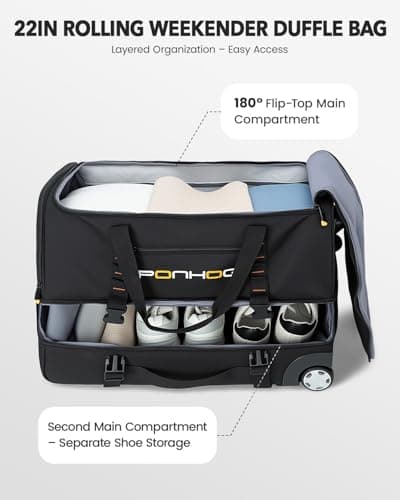 Ponhog 22 Inch Wheeled Duffle Bag - 41L Travel Holdall Bag with Wheels,Water Resistant for Overnight Trip Weekender, Black(H56 x L33 x H31cm) — view 2
