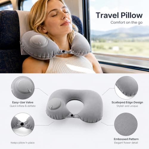 QhgPnt 2-Pack Blow Up Neck Pillow for Travel, Inflatable U Shape Cushion, Press to Inflate Neck Pillow, Travel Pillow Black and Grey for Airplanes, Trains, and Office Naps — view 3
