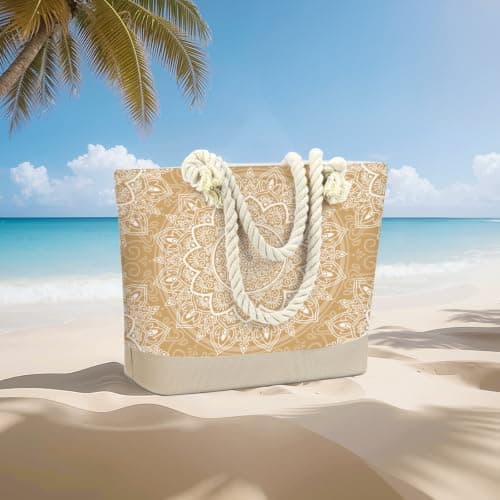 Fokongna Beach Bags Waterproof Sandproof Tote Bag Travel Bags for Women 1267-1297, Gold Mandala, 18"x14.5"x6", Gold Mandala — view 3