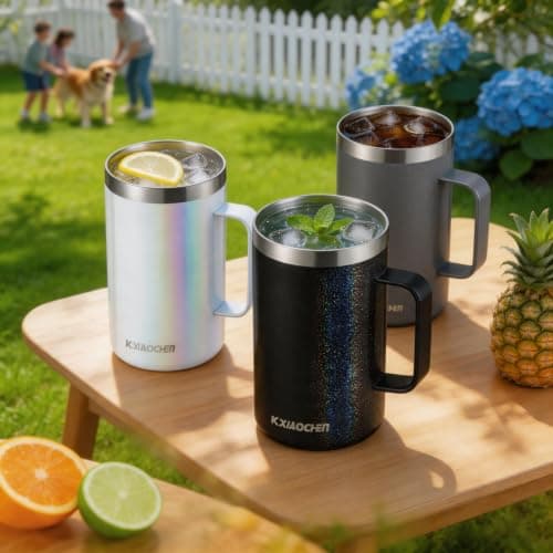 KXIAOCHEN 20oz Insulated Coffee Mug with Lid, Stainless Steel Coffee Mug, Double Wall Vacuum Coffee Mug with Handle, Premium Thermal Travel Coffee Mug (Silver Grey) — view 4