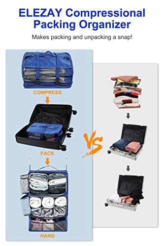 ELEZAY Hanging Packing Cubes Portable Closet 3-Shelf Travel Collapsible Compression Garment Organiser for Carry-on Luggage Suitcase Space Saver Bag XX-Large_No Side Pockets, Blue — view 2