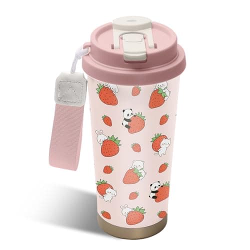 NEIUJADK Strawberry Stainless Steel 2-in-1 Lid Coffee Tumbler 18 oz Cute Strawberries Print Insulated Travel Coffee Mug Strawberry Themed Gifts for Women Girls Birthday Christmas