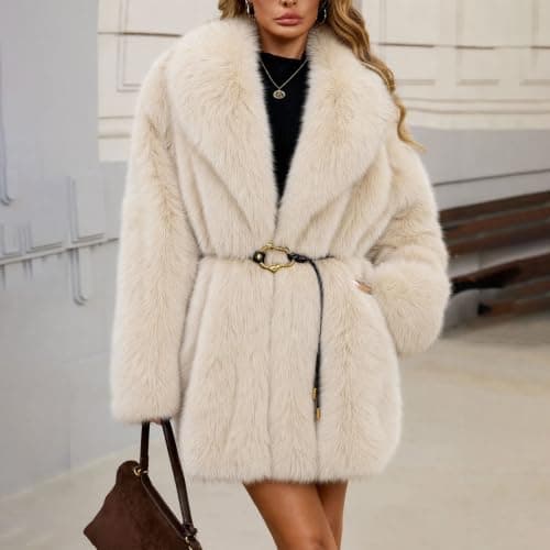 Beige Womens Faux Fur Coat Lapel Belted Warm Winter Jacket with Pockets XXL — view 3
