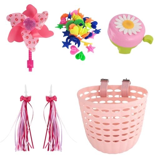 Kids Bike Basket Set - Pink Bicycle Basket with Wheel Spoke Beads Bicycle Bell Bicycle Windmill Bike Tassels. with Ajustable Straps, Detachable Girls Bicycle Accessories for Birthday