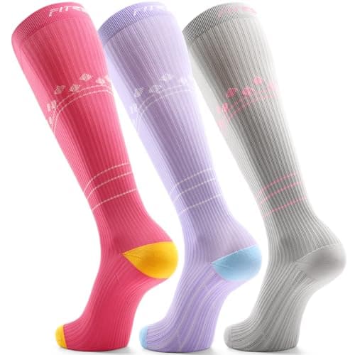 FITRELL 3 Pairs Compression Socks for Women and Men 20-30 mmHg Travel Flight Socks Medical Knee High Socks for Sport, Flying, Carers, Nurse, Pregnant Women, Varicose Veins, Grey+Purple+Pink, S/M