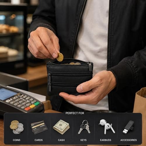Black Genuine Leather Coin Pouch Wallet Double Zip Compact Travel Purse for Men & Women | Small Coin, Card & Cash Organizer — view 4