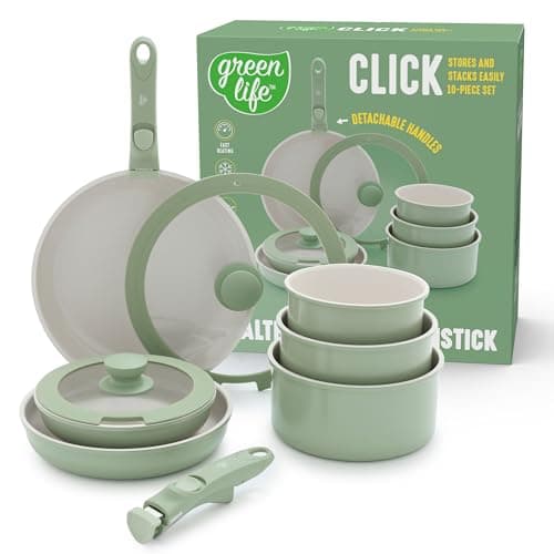 GreenLife 10 Piece Nonstick Pots & Pans Set, Detachable Handle & Stackable Cookware Set, Non Toxic PFAS-Free Skillets, Induction Kitchen Pans, Space Saving, Serving Bowls, Oven Safe, Sage Green