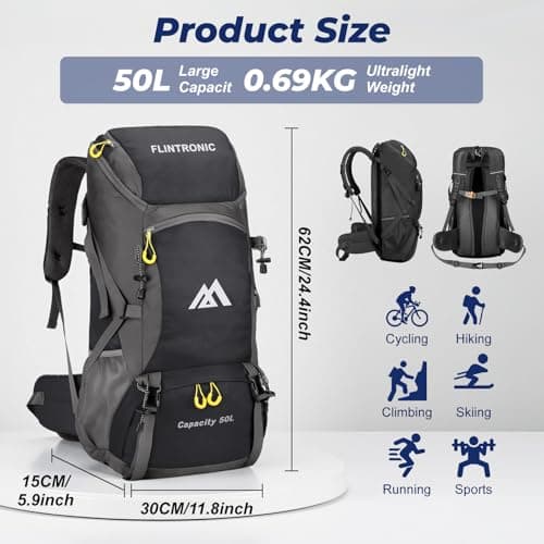 flintronic 50L Backpack, Ultra Lightweight Large Capacity Hiking Backpack, Waterproof Foldable Rucksack for Men Women Hiking Travelling Camping Outdoor Sports (Black) — view 2