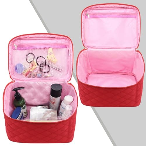 Large Make Up Bag,Portable Cosmetic Bag with Handle Zipper Waterproof Make Up Organizer Bag Travel Toiletry Bag for Women Girls (RED) — view 4