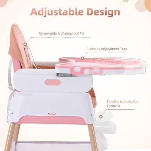 High Chairs for Babies and Toddlers, Adjustable Convertible 3 in 1 Baby High Chair, Portable Compact Baby Infant Feeding Chair Travel Highchair Booster for Toddler, from 6 Month to 3 Years Pink — view 5