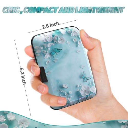 Credit Card Holder, Mini RFID Small Aluminum Card Wallet, Blocking Slim Metal Business Card Case, RFID Blocking Front Pocket Wallet Hard Case Durable CC Holder for Women Girls, Green Teal Butterfly — view 3