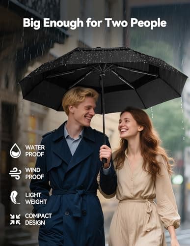 TECKNET Umbrella Windproof Strong for Rain, Large Automatic Folding Umbrella with 9 Strong Ribs, Double Canopy, Easy Auto Open & Close, Compact Travel Portable Durable & Lightweight Umbrellas, Black — view 2