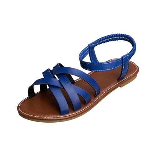 Women's Sandals UK Slingback Flat Feet Leather Roman Sandals Women Casual Travel Breathable Flip Flop Womens Wide Fit Slippers Ladies Summer Beach Shoes for Indoor and Outdoor Size 3.5-7.5 Blue