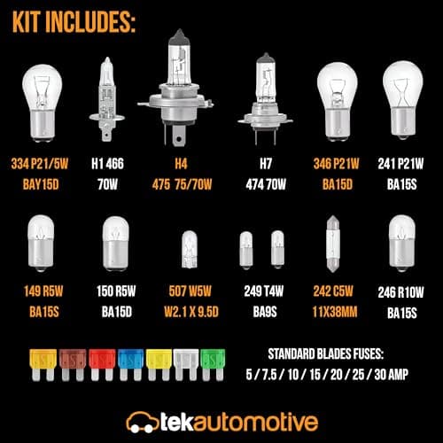 Tek Automotive 24V Emergency Spare Bulb & Fuse Kit – 20pc Travel Set with H1 H4 H7 Halogen Bulbs and Standard Blade Fuses in Storage Case for Truck Lorry HGV — view 4
