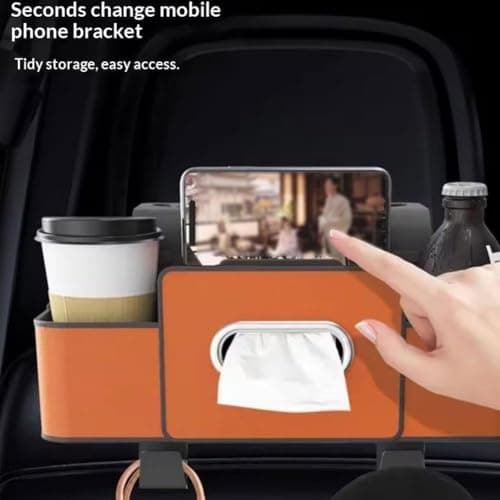 2026 Upgraded 4 in 1 Car Back Seat Organiser, Universal Headrest Car Storage Organiser with Dual Cup Holders, Tissue Box & Phone Holder, for Cars, SUVs, Sedans, Family Travel & Daily Commute (Beige) — view 3