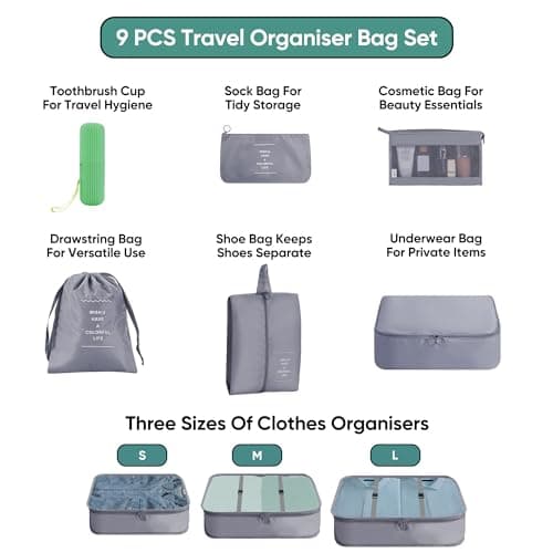 ASAB 9Pcs Packing Cubes for Travel Suitcases Portable Space Saving Double Zippered Suitcase Organiser Bags with Buckle Design Shoes Cosmetics Toiletries Waterproof Luggage Cubes Storage Bags (Grey) — view 3