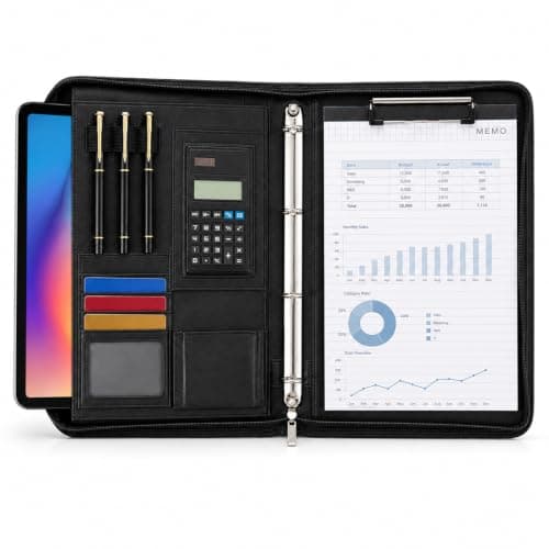 EVERGOODS Leather Portfolio Folder A4, Vegan Leather 4-Ring Conference Folder Includes and Pen Multi-Pocket Travel Document Holder Folder Organiser Office Supplies