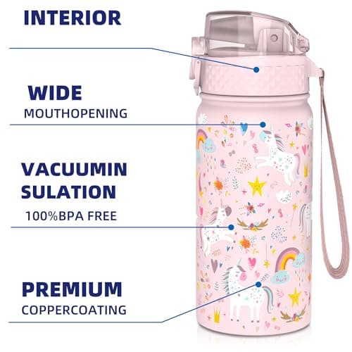 GOPPUS 420ml/14oz Kids Insulated Water Bottle with Straw Cute Double Wall Stainless Steel Child's Small Flask Vacuum Insulated Steel Metal Leak Proof Drink Flask Boys Toddler Girls Bottles BPA-Free — view 4