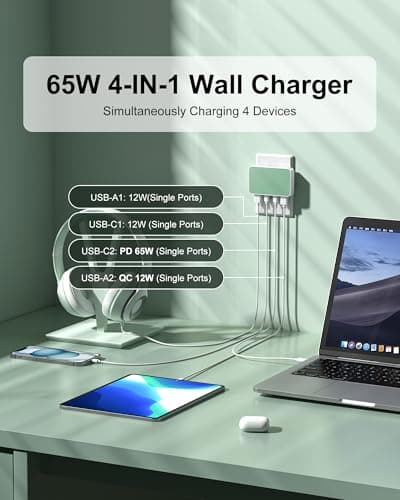 KWRNVO Flat USB Wall Charger 4 Ports Slim 65W USB-C/A Flodable Plug Fast Charging Block for iPhone 8/9/10/11/12/13/14/15 Multiport Power Charging Adapter for ipad and Galaxy Series S8-10 Green — view 2