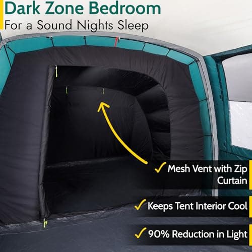 Trail Brazen Inflatable 4 Man Air Tent with Living Area, Family Camping Tunnel Tent, 5000mm Waterproof, Dark Zone Bedroom, Safety Purge Pump and Bag (L455cm x W270cm x H195cm) — view 3