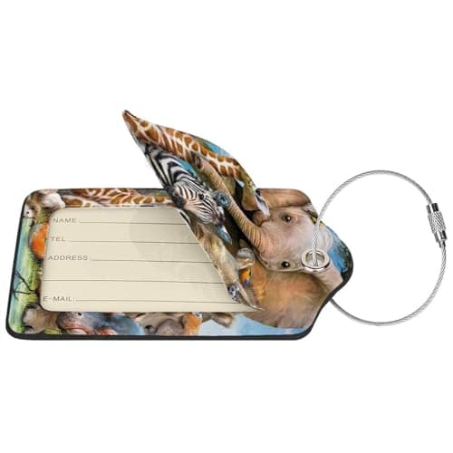 Safari Animals Print Leather Luggage Tags with Stainless Steel Loop Privacy Cover Cute Suitcase Tags for Women Men Travel Bag Suitcase — view 3