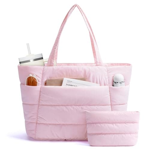 Narwey Tote Bags for Women, Work Laptop Bags with Zip for Women, Ladies Handbags & Shoulder Bags with Makeup Pouch, Puffer Teacher School Hand Bag for College Shopping Travel Gym Beach (Pink)