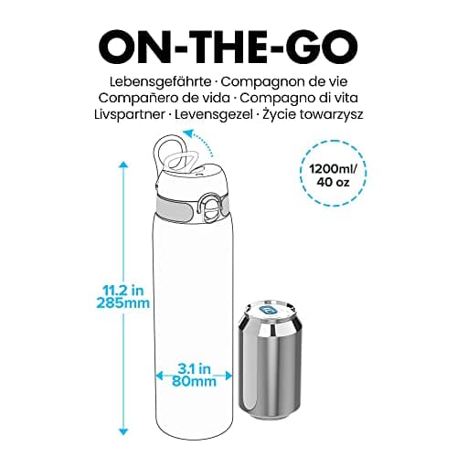 Ion8 Lightweight 1 Litre Steel Water Bottle, Non-Insulated, Leak Proof, Easy to Open, Secure Lock, Dishwasher Safe, Flip Cover, Carry Handle, Ideal for Travel & Active Lifestyles, Black — view 3