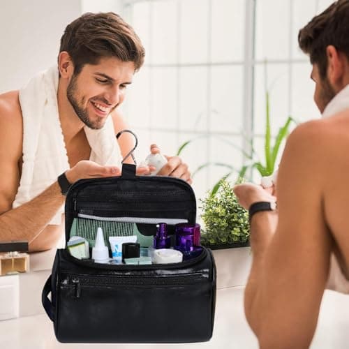 PU Leather Toiletry Bag for Men, Dark Brown Wash Bag for Travel, Gym & Shaving, Dry & Wet Separation with 3 Compartments - Perfect Men's Washbag (Black) — view 4