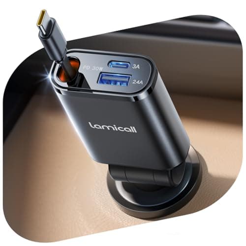 Lamicall 3 in 1 Retractable Car Charger Adapter -【2026 Ultra Compact】57W Cigarette Lighter USB Charger, Car Phone Charge with Type-C Cable/USB C/USB A, 12V/24V Socket for Phone, Android - Black