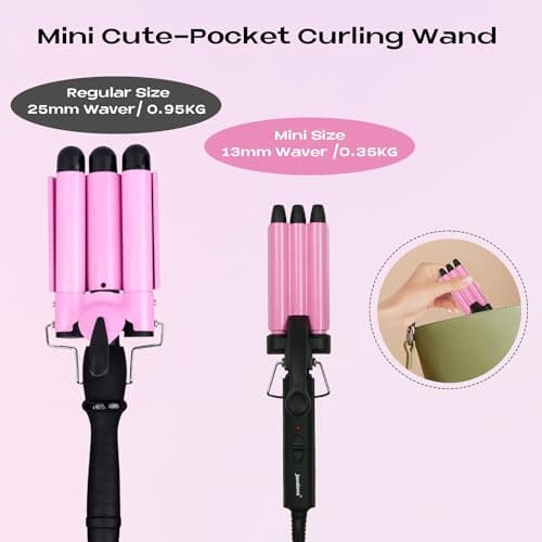 3 Barrels Mini Hair Waver for Short & Medium Hair, 13MM Curling Iron Curling Wand, 0.45lb Lightweight, Mini Size Hair Curler, Travel Friendly-Pink — view 2