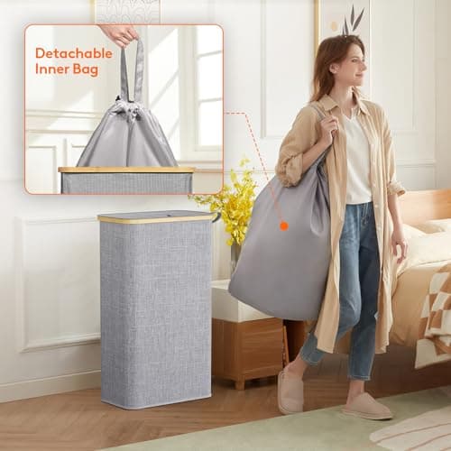 Lifewit 75L Slim Laundry Basket with Lid, Narrow, Removable Bag, Grey — view 4