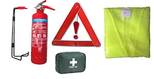 CAR/Vehicle Safety KIT. Premium FSS UK 1 KG Powder FIRE Extinguisher, 1ST AID KIT, HI VIZ Vest Reflective Triangle. for Cars Travel CARAVANS Taxi BSi KITEMARKED.