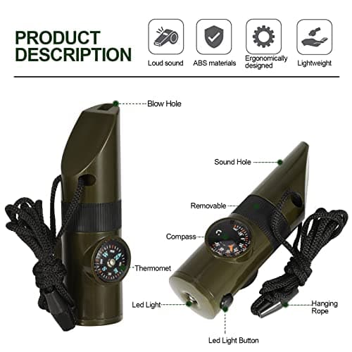 Vspek 7 in 1 Survival Whistle, Camping Survival Tool, Emergency Whistle Compass/Thermometer/LED Torch/Magnifier/Mirror with Lanyard Safety Kit, Outdoor Multifunctional Tool for Camping, Hiking — view 4