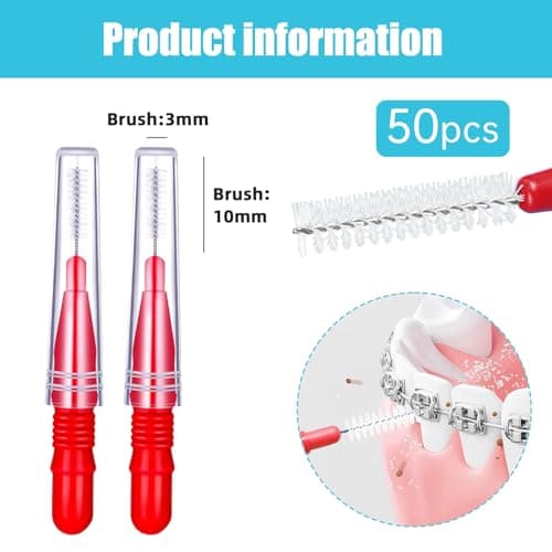 Interdental Brushes for Teeth and Gums, Ultra-Fine 0.5mm Floss Brushes, Home and Travel Oral Care Set (Red-50Pcs) — view 2