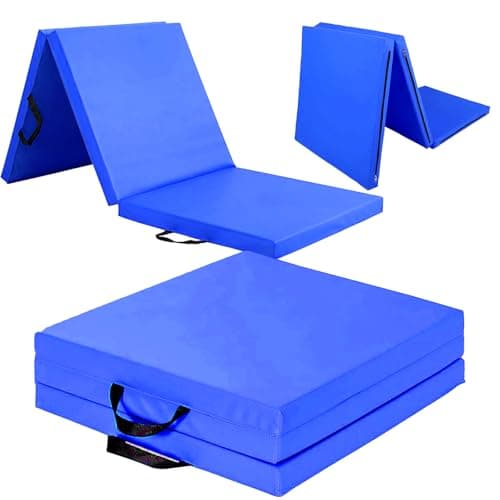 Exercise Mat – Tri-Fold PU Leather Yoga, Pilates & Gymnastics Mat, 6cm Thick Cushioned, Non-Slip, Foldable Home Gym Fitness Mat for Kids, Adults & Family Workouts (Blue)
