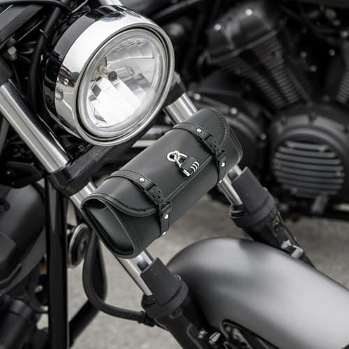 Motorcycle Tool Bag - Lockable Waterproof PU Leather Handlebar Storage Pouch, Retro Roll Saddlebag | Compact and Durabl Front Fork Bag for Motorcycles, Ideal for Tools and Esentials — view 2