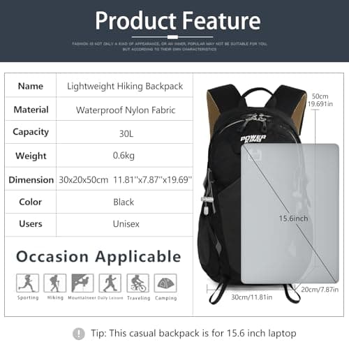 Lightweight Hiking Backpack, 30L Women/Men Waterproof Travel Rucksack Bag with Rain Cover, Outdoor Small Foldable Daypack for Student, Fit for 15.6 inch Laptop (Black, 30L) — view 2