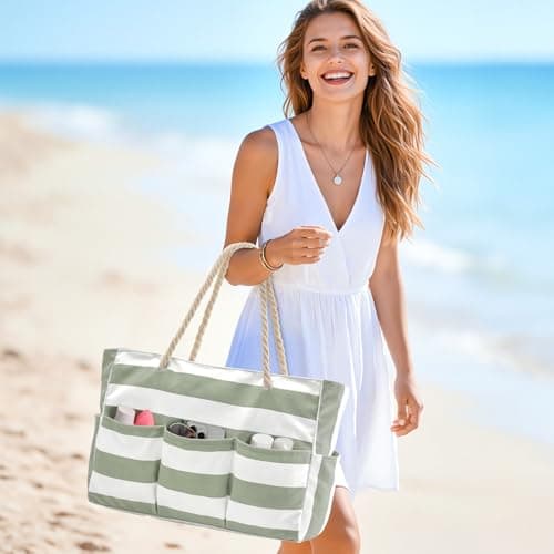 oscaurt Beach Bag Multi-pocket Beach Tote with Zip Waterproof Shoulder Handbags for Women Holiday Travel Essentials Women's Totes for Fitness Swimming and Grocery Shopping — view 3