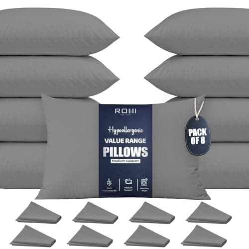 Rohi Value Range Pillows 8 Pack with Grey Microfibre Pillowcases | Neck Support Hypoallergenic Pillow | Breathable Medium Firm Pillows for Back, Front & Side Sleepers | UK Made 45 × 66 cm