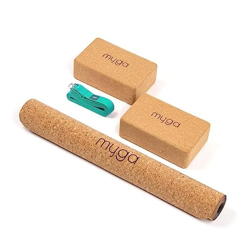 Myga Cork Yoga Starter Set - Cork Mat, 2 Blocks & Strap - Hot Yoga, Pilates & Fitness - Turquoise