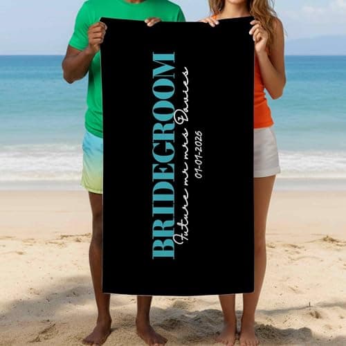 Print Maniacs Personalised Groom Beach Towel with Name and Date Custom Microfibre Towel Large Quick Dry Lightweight Travel Towel Wedding Honeymoon Stag Party Pool Spa Gift for Him — view 6