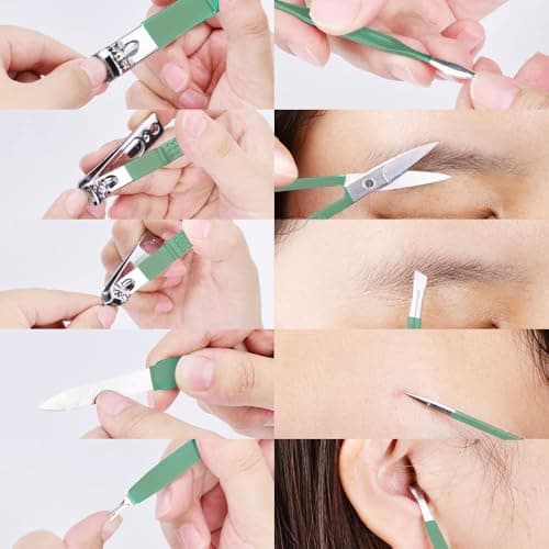 HANTEKAS Manicure Set 10 in 1 Stainless Steel, Nail Clippers Scissors Pedicure Tools Kit - Portable Travel Grooming Kit for Men and Women with Leather Case (Jade Green) — view 4