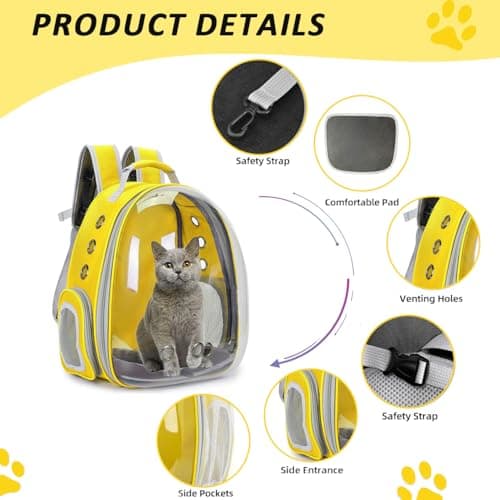 ZHUIYIWIN Cat Carrier Backpack, Expandable Cat Carrier Backpack, Ventilated Cat Bubble Backpack for Pet, Pet Carrier for Travel Hiking Walking Camping (Yellow, Rear Extension) — view 4