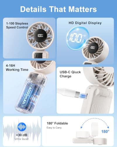 KinYiLO Portable Handheld Fan with 4000mAh Battery – 100-Speed Rechargeable Personal Cooling Fan, 16-Hour Runtime, 3-in-1 Desk & Handheld & Tilt Fan, Ultra-Quiet for Travel Beach Office, (Beige) — view 5
