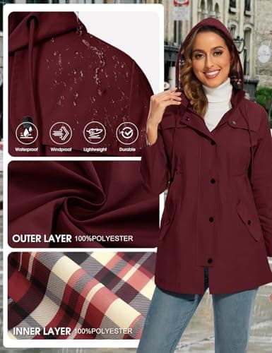 PASUDA Women's Waterproof Jacket Long Rain Coats Hooded Rain Jacket with Pockets Lightweight Windbreaker Raincoat Functional Trench Coats Hiking Running Camping Outdoor Coats (Burgundy Red, XL) — view 3